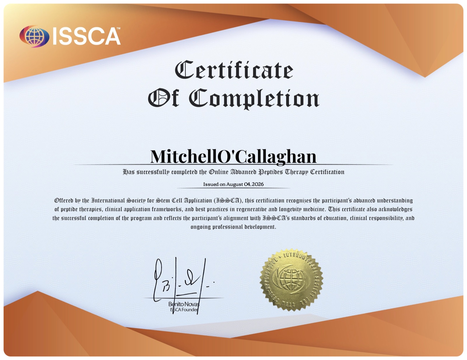 ISSCA Certificate of Completion, Online Advanced Peptides Therapy Certification, Mitchell O'Callaghan, issued 4 August 2026